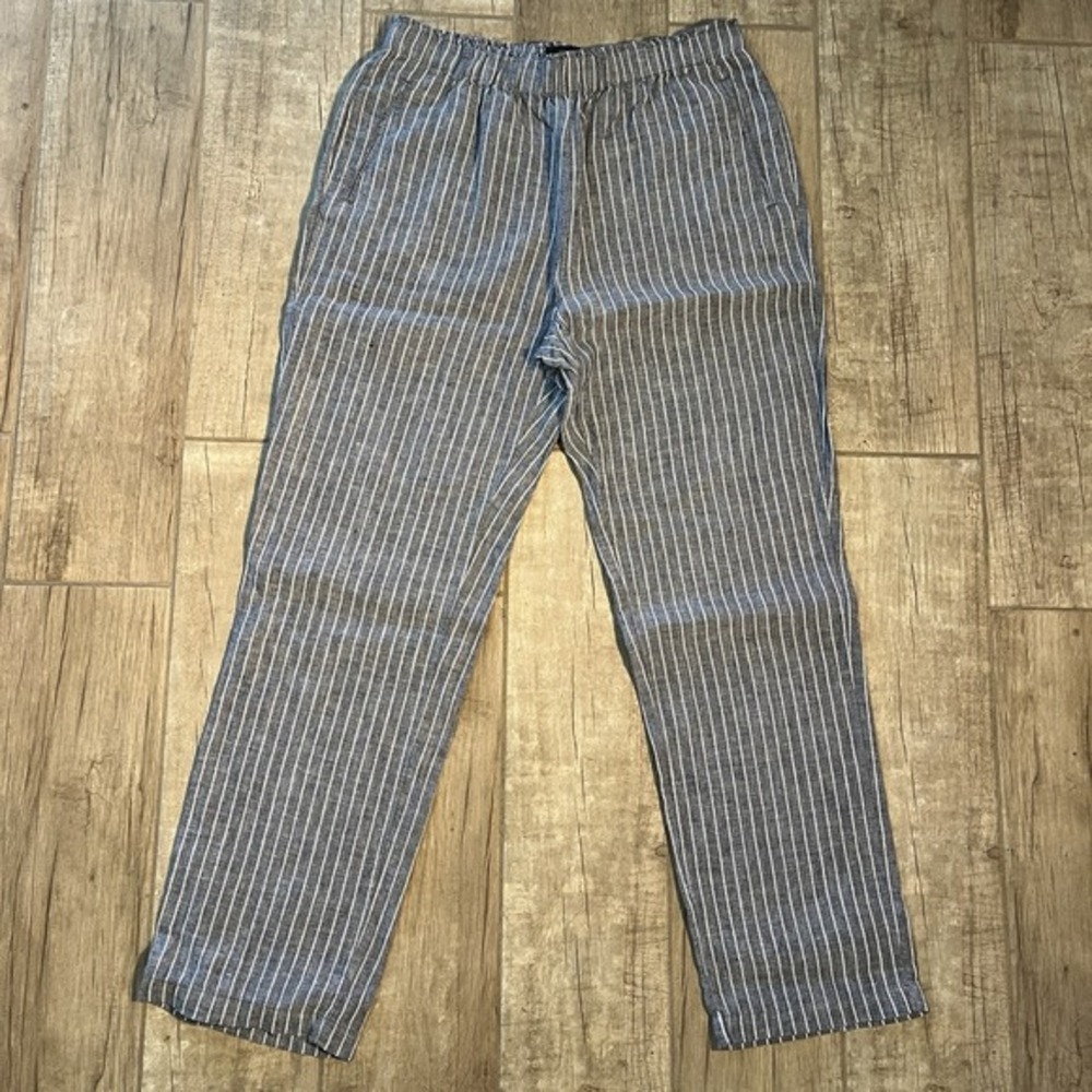 Tahari Women's Gauzy Gray Linen Stripe Pull On Pant Sz M Minimalist Coastal Boho